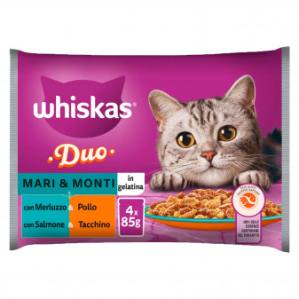 Whiskas Duo Mari e Monti in Gelatina con Merluzzo Pollo Salmone Tacchino Cibo...